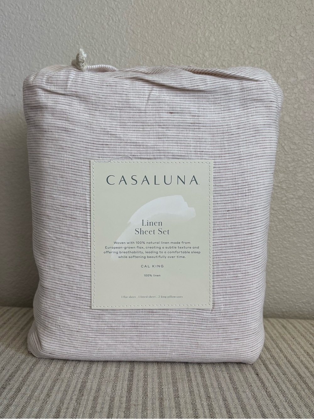 NWT California King 100% Linen Sheet Set Adobe Clay Micro Stripe - Casaluna